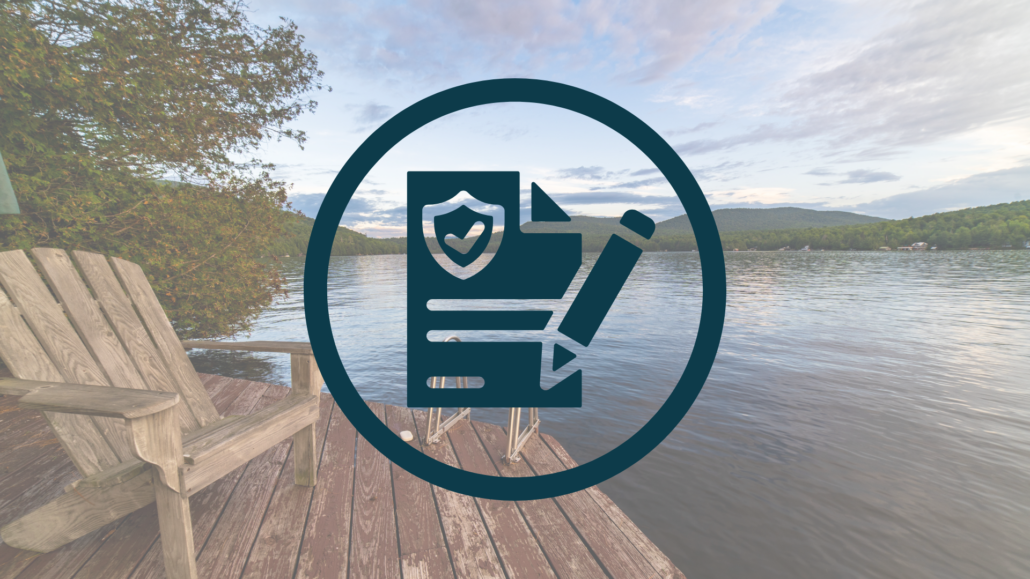 photo of a dock with an adirondack chair, overlayed with an icon with a paper and pencil, indicating an insurance claim document