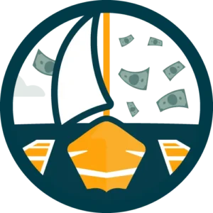 illustrated icon showing a docked sailboat with dollar bills raining down