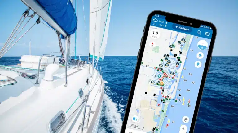 photo of a sailboat in blue water, overlayed with the image of a cell phone showing the argo navigation app
