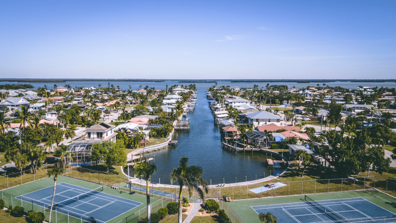 aerial view of a waterfront community